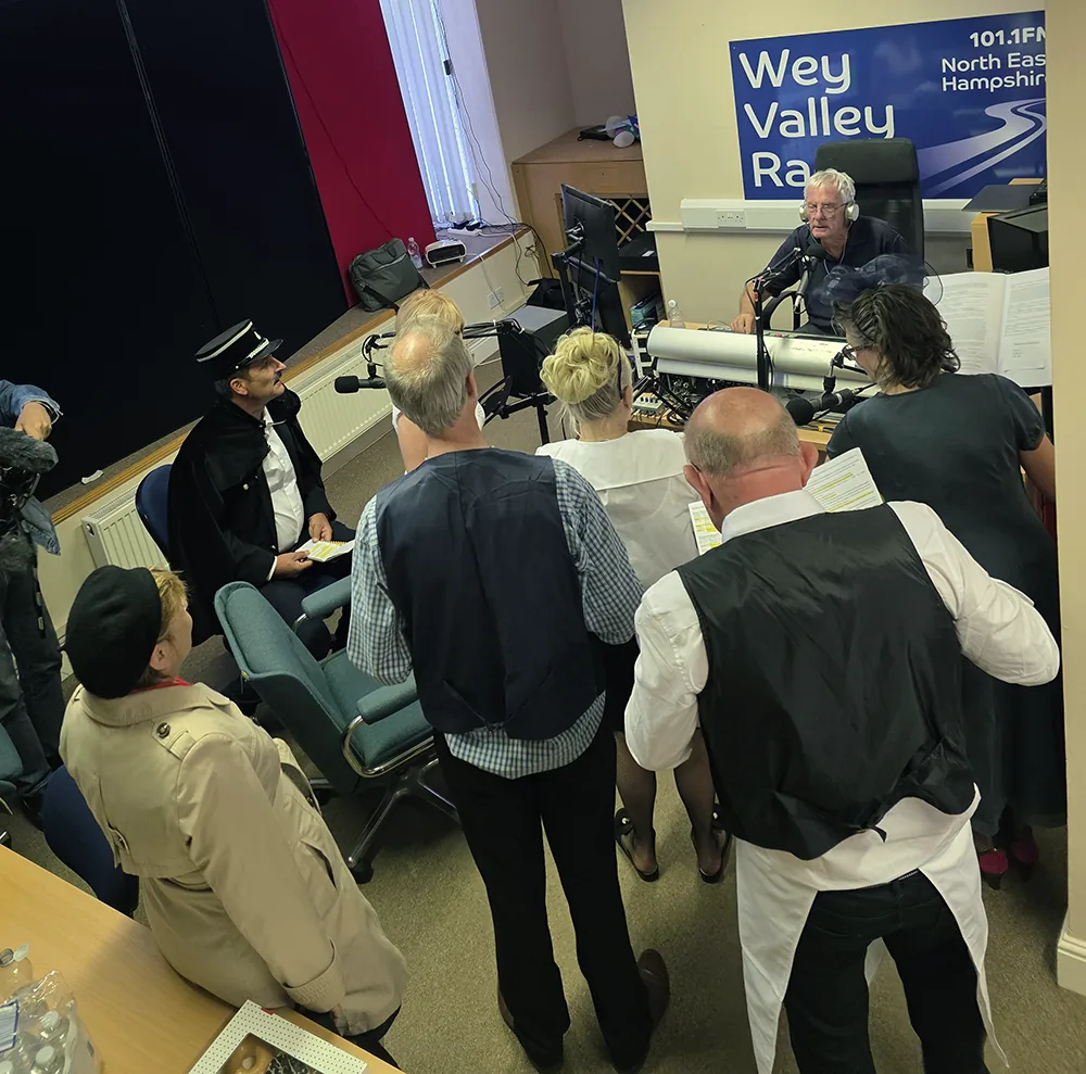 Brian Player in the Wey Valley Radio Studio with the Medstead Players who did a live on air 'Allo 'Allo sketch for the Alton Classic Car Show 2026 Brian Player in the Wey Valley Radio Studio with the Medstead Players who did a live on air 'Allo 'Allo sketch for the Alton Classic Car Show 2026