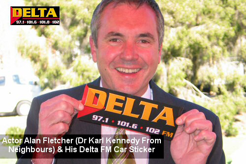 Actor Alan Fletcher (Dr Karl Kennedy from Neighbours) with a Delta car sticker Actor Alan Fletcher (Dr Karl Kennedy from Neighbours) with a Delta car sticker