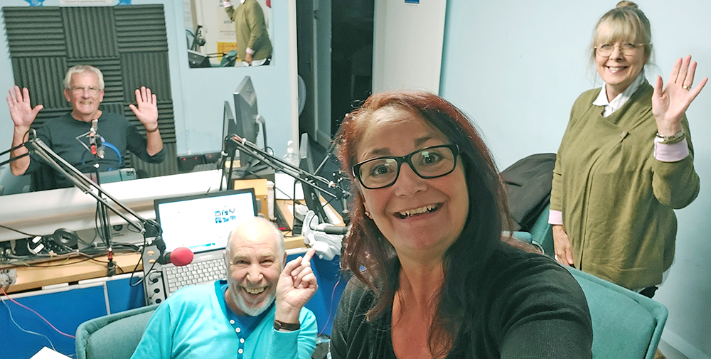 Brian Player, Alan Webster Brown, Lainy Russell and Barbara Parry in the Wey Valley Radio studios in Alton Assembly Rooms