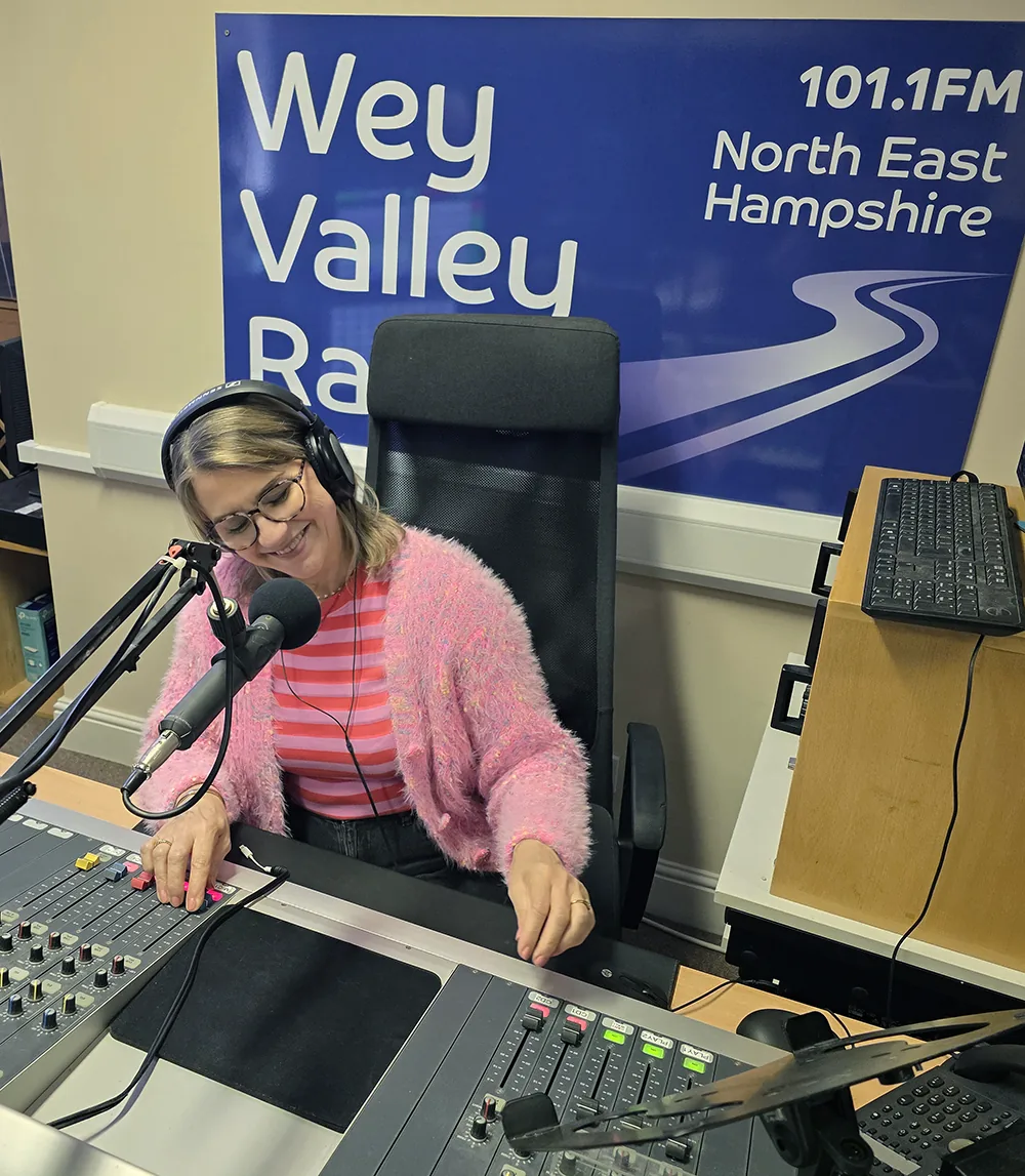 Pippa Head in the studio of Wey Valley Radio the community radio station for Alton