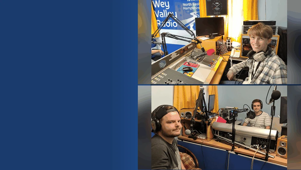 Young Wey Valley Radio volunteers learning to present in the studio